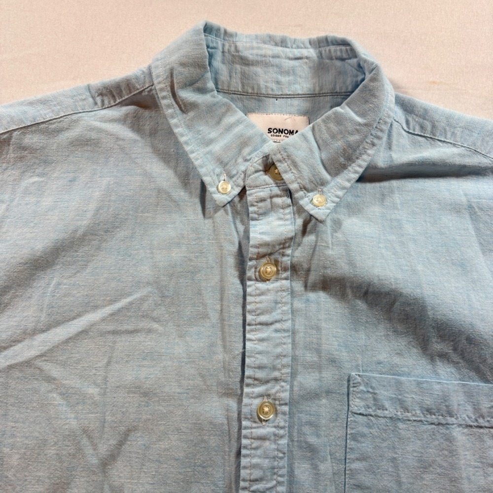 Sonoma Button Down Shirt Mens Medium Blue Cotton Linen Short Sleeve Casual Top